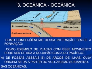 3. OCEÂNICA - OCEÂNICA COMO CONSEQÜÊNCIAS DESSA INTERAÇÃO TEM-SE A FORMAÇÃO: COMO EXEMPLO DE PLACAS COM ESSE MOVIMENTO PODE SER CITADA A DO JAPÃO COM A DO PACÍFICO. A) DE FOSSAS ABSSAIS B) DE ARCOS DE ILHAS, CUJA ORIGEM SE DÁ A PARTIR DO VULCANISMO SUBMARINO . SAS OCEÂNICAS; 