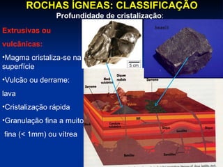 Extrusivas ou  vulcânicas: Magma cristaliza-se na superfície Vulcão ou derrame:  lava Cristalização rápida Granulação fina a muito fina (< 1mm) ou vítrea ROCHAS ÍGNEAS: CLASSIFICAÇÃO   Profundidade de cristalização :  