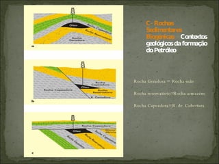 Rocha Geradora =  Rocha-mãe Rocha reservatório=Rocha armazém Rocha Capeadora= R. de  Cobertura C- Rochas Sedimentares Biogénicas  -  Contextos  geológicos da formação do Petróleo 