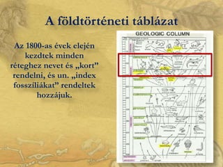 A földtörténeti táblázat
 Az 1800-as évek elején
    kezdtek minden
réteghez nevet és „kort”
 rendelni, és un. „index
 fos...