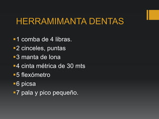 HERRAMIMANTA DENTAS
1 comba de 4 libras.
2 cinceles, puntas
3 manta de lona
4 cinta métrica de 30 mts
5 flexómetro
6 picsa
7 pala y pico pequeño.
 