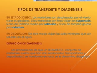 EN ESTADO SOLIDO: Los materiales son desplazados por el viento
y por os glaciares. Si los materiales son finos viajan en suspensión.
Si son de tamaño medio por saltación y si son de tamaño grueso
por rodadura.
EN DISOLUCION: De este modo viajan las sales minerales que son
solubles en el agua.
DEFINICION DE DIAGENESIS:
Los procesos por las que un SEDIMENTO ( conjunto de
materiales sueltos que han sido erosionados, transportados y
depositados ) se transforma en roca, se le denomina diagénesis.
TIPOS DE TRANSPORTE Y DIAGENESIS
 