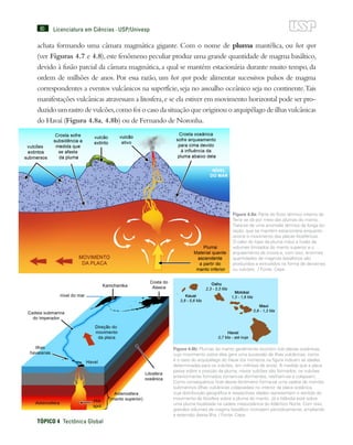 80
TÓPICO 4  Tectônica Global
Licenciatura em Ciências · USP/Univesp
achata formando uma câmara magmática gigante. Com o nome de pluma mantélica, ou hot spot
(ver Figuras 4.7 e 4.8),este fenômeno peculiar produz uma grande quantidade de magma basáltico,
devido à fusão parcial da câmara magmática, a qual se mantém estacionária durante muito tempo, da
ordem de milhões de anos. Por essa razão, um hot spot pode alimentar sucessivos pulsos de magma
correspondentes a eventos vulcânicos na superfície, seja no assoalho oceânico seja no continente.Tais
manifestações vulcânicas atravessam a litosfera,e se ela estiver em movimento horizontal pode ser pro-
duzido um rastro de vulcões,como foi o caso da situação que originou o arquipélago de ilhas vulcânicas
do Havaí (Figura 4.8a, 4.8b) ou de Fernando de Noronha.
Figura 4.8b: Plumas do manto geralmente ocorrem sob placas oceânicas,
cujo movimento sobre elas gera uma sucessão de ilhas vulcânicas, como
é o caso do arquipélago do Havaí (os números na figura indicam as idades
determinadas para os vulcões, em milhões de anos). À medida que a placa
passa sobre a posição da pluma, novos vulcões são formados; os vulcões
anteriormente formados tornam-se dormentes, resfriam-se e colapsam.
Como consequência final desse fenômeno forma-se uma cadeia de montes
submarinos (ilhas vulcânicas colapsadas) no interior da placa oceânica,
cuja distribuição geográfica e respectivas idades representam o sentido do
movimento da litosfera sobre a pluma do manto. Já a Islândia está sobre
uma pluma localizada na cadeia mesoceânica do Atlântico Norte. Com isso,
grandes volumes de magma basáltico irrompem periodicamente, ampliando
a extensão dessa Ilha. / Fonte: Cepa
Figura 4.8a: Parte do fluxo térmico interno da
Terra se dá por meio das plumas do manto.
Trata-se de uma anomalia térmica de longa du-
ração, que se mantém estacionária enquanto
ocorre o movimento das placas litosféricas.
O calor do topo da pluma induz a fusão de
volumes limitados do manto superior e o
arqueamento da crosta e, com isso, enormes
quantidades de magmas basálticos são
produzidos e extrudidos na forma de derrames
ou vulcões. / Fonte: Cepa
 