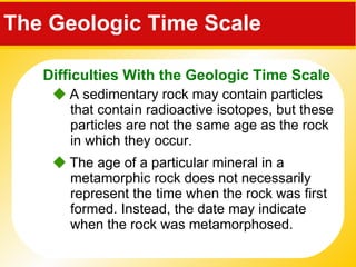 The Geologic Time Scale     A sedimentary rock may contain particles that contain radioactive isotopes, but these particles are not the same age as the rock in which they occur.    The age of a particular mineral in a metamorphic rock does not necessarily represent the time when the rock was first formed. Instead, the date may indicate when the rock was metamorphosed. Difficulties With the Geologic Time Scale 