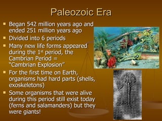 Paleozoic Era Began 542 million years ago and ended 251 million years ago Divided into 6 periods Many new life forms appeared during the 1 st  period, the Cambrian Period =  “Cambrian Explosion” For the first time on Earth, organisms had hard parts (shells, exoskeletons) Some organisms that were alive during this period still exist today (ferns and salamanders) but they were giants! 