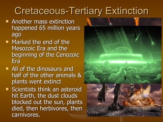 Cretaceous-Tertiary Extinction Another mass extinction happened 65 million years ago  Marked the end of the Mesozoic Era and the beginning of the Cenozoic Era All of the dinosaurs and half of the other animals & plants went extinct Scientists think an asteroid hit Earth, the dust clouds blocked out the sun, plants died, then herbivores, then carnivores. 