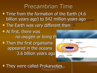 Precambrian Time Time from the formation of the Earth (4.6 billion years ago) to 542 million years ago The Earth was very different then At first, there was  no oxygen or living things Then the first organisms  appeared in the oceans  3.6 billion years ago They were called Prokaryotes 