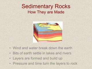 Sedimentary Rocks
How They are Made
• Wind and water break down the earth
• Bits of earth settle in lakes and rivers
• Layers are formed and build up
• Pressure and time turn the layers to rock
 
