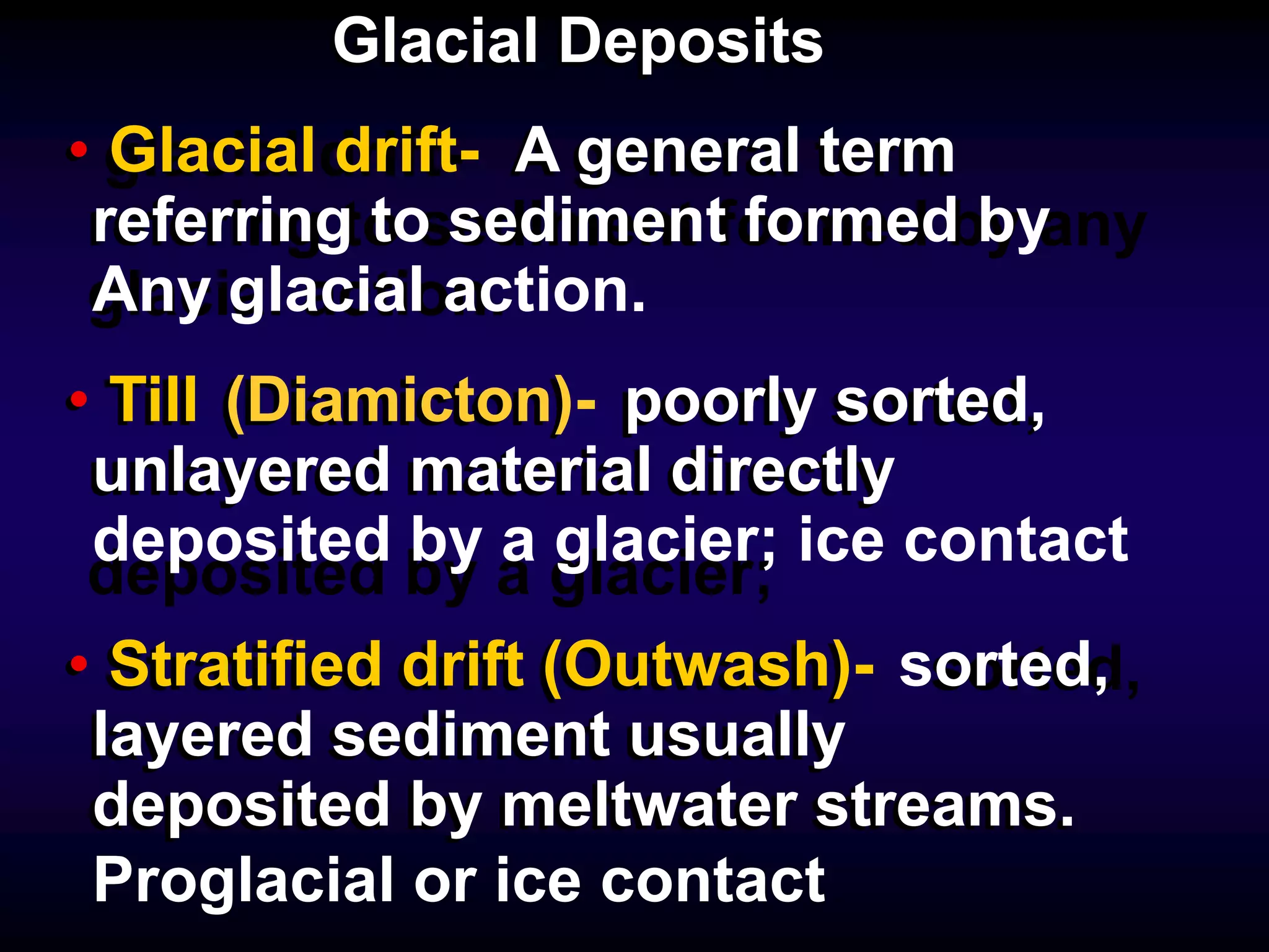 Glacial DepositsGlacial Deposits
• glacial drift- A general term
refering to sediment formed by any
glacial action.
• Till (Diamicton) poorly sorted,
unlayered material directly
deposited by a glacier;
• Stratified drift (Outwash) sorted,
layered sediment usually
deposited by meltwater streams.
• Glacial drift- A general term
referring to sediment formed by
Any glacial action.
• Till (Diamicton)- poorly sorted,
unlayered material directly
deposited by a glacier; ice contact
• Stratified drift (Outwash)- sorted,
layered sediment usually
deposited by meltwater streams.
Proglacial or ice contact
 
