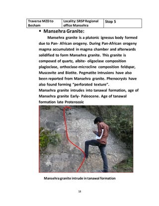 18
Traverse MZD to
Besham
Locality:SRSP Regional
office Mansehra
Stop 5
 Mansehra Granite:
Mansehra granite is a plutonic igneous body formed
due to Pan- African orogeny. During Pan-African orogeny
magma accumulated in magma chamber and afterwards
solidified to form Mansehra granite. This granite is
composed of quartz, albite- oligoclase composition
plagioclase, orthoclase-microcline composition feldspar,
Muscovite and Biotite. Pegmatite intrusions have also
been reported from Mansehra granite. Phenocrysts have
also found forming “perforated texture”.
Mansehra granite intrudes into tanawal formation, age of
Mansehra granite Early- Paleocene. Age of tanawal
formation late Proterozoic
Mansehragranite intrude intanawal formation
 