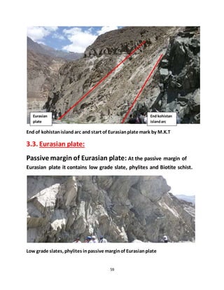 59
End of kohistanisland arc and start of Eurasianplate mark by M.K.T
3.3. Eurasian plate:
Passive margin of Eurasian plate: At the passive margin of
Eurasian plate it contains low grade slate, phylites and Biotite schist.
Low grade slates, phylites inpassive marginof Eurasianplate
Eurasian
plate
End kohistan
islandarc
 