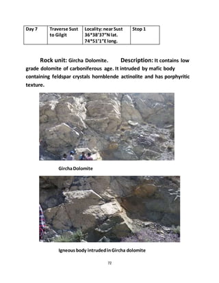 72
Day 7 Traverse Sust
to Gilgit
Locality:near Sust
36*38’37”N lat.
74*51’1”Elong.
Stop 1
Rock unit: Gircha Dolomite. Description: It contains low
grade dolomite of carboniferous age. It intruded by mafic body
containing feldspar crystals hornblende actinolite and has porphyritic
texture.
GirchaDolomite
Igneous body intrudedinGircha dolomite
 