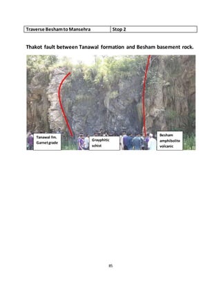 85
Traverse BeshamtoMansehra Stop 2
Thakot fault between Tanawal formation and Besham basement rock.
Besham
amphibolite
volcanic
Tanawal fm.
Garnetgrade
Grayphitic
schist
 