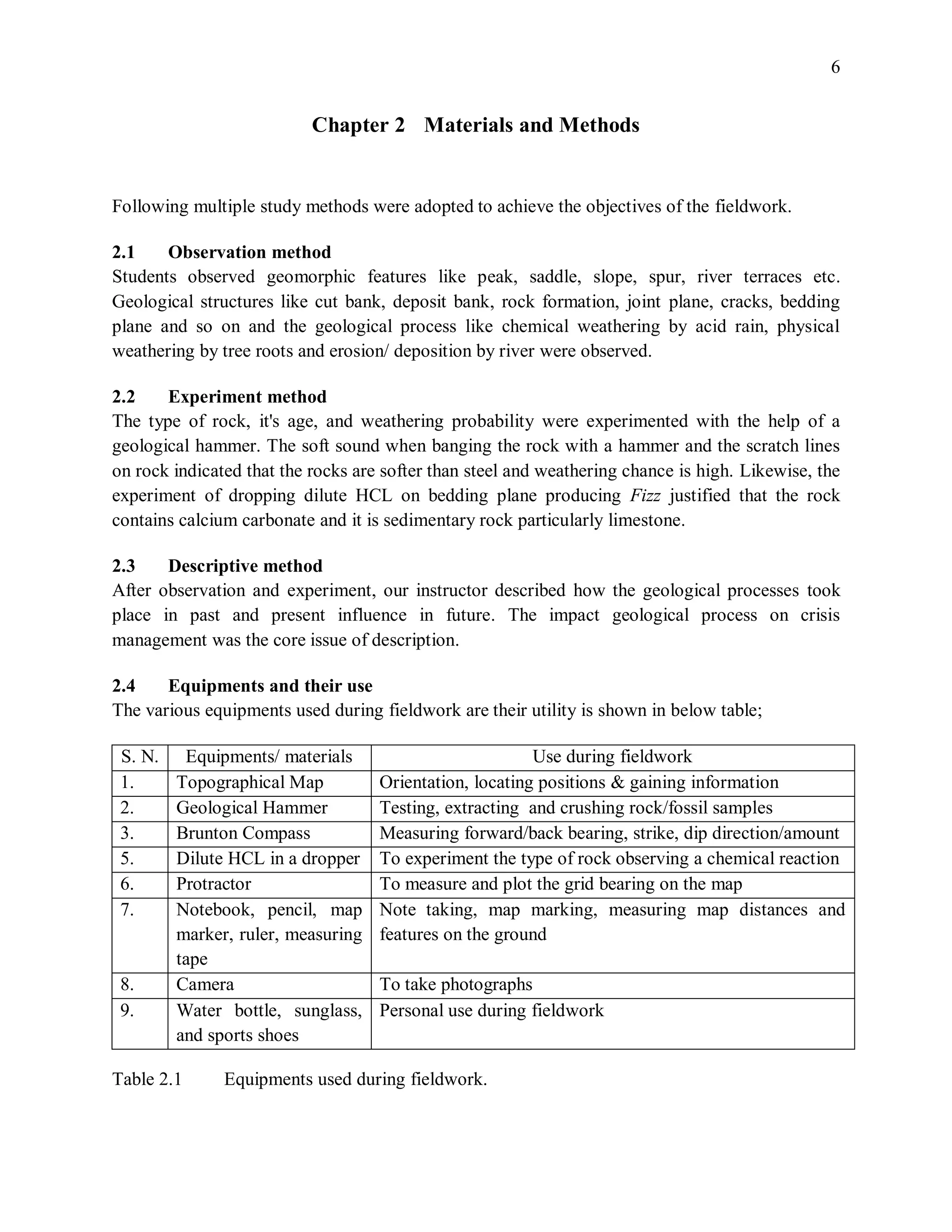 6
Chapter 2 Materials and Methods
Following multiple study methods were adopted to achieve the objectives of the fieldwork.
2.1 Observation method
Students observed geomorphic features like peak, saddle, slope, spur, river terraces etc.
Geological structures like cut bank, deposit bank, rock formation, joint plane, cracks, bedding
plane and so on and the geological process like chemical weathering by acid rain, physical
weathering by tree roots and erosion/ deposition by river were observed.
2.2 Experiment method
The type of rock, it's age, and weathering probability were experimented with the help of a
geological hammer. The soft sound when banging the rock with a hammer and the scratch lines
on rock indicated that the rocks are softer than steel and weathering chance is high. Likewise, the
experiment of dropping dilute HCL on bedding plane producing Fizz justified that the rock
contains calcium carbonate and it is sedimentary rock particularly limestone.
2.3 Descriptive method
After observation and experiment, our instructor described how the geological processes took
place in past and present influence in future. The impact geological process on crisis
management was the core issue of description.
2.4 Equipments and their use
The various equipments used during fieldwork are their utility is shown in below table;
S. N. Equipments/ materials Use during fieldwork
1. Topographical Map Orientation, locating positions & gaining information
2. Geological Hammer Testing, extracting and crushing rock/fossil samples
3. Brunton Compass Measuring forward/back bearing, strike, dip direction/amount
5. Dilute HCL in a dropper To experiment the type of rock observing a chemical reaction
6. Protractor To measure and plot the grid bearing on the map
7. Notebook, pencil, map
marker, ruler, measuring
tape
Note taking, map marking, measuring map distances and
features on the ground
8. Camera To take photographs
9. Water bottle, sunglass,
and sports shoes
Personal use during fieldwork
Table 2.1 Equipments used during fieldwork.
 
