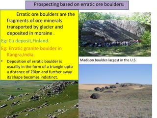 Prospecting based on erratic ore boulders:
Erratic ore boulders are the
fragments of ore minerals
transported by glacier and
deposited in moraine .
Eg: Cu deposit,Finland.
Eg: Erratic granite boulder in
Kangra,India.
• Deposition of erratic boulder is
usuallly in the form of a triangle upto
a distance of 20km and further away
its shape becomes indistinct.
Madison boulder-largest in the U.S.
 