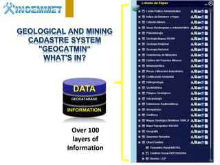 DATA
                      GEODATABASE


                     INFORMATION



                       Over 100
                       layers of
                     Information
Henry Luna Córdova      “Geological Potential and Mining in Perú”   China Mining 2012
 