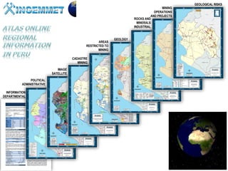 GEOLOGICAL RISKS
                                                                                         MINING
                                                                                     OPERATIONS
                                                                                   AND PROJECTS
                                                                         ROCKS AND
                                                                           MINERALS
                                                                         INDUSTRIAL


                                                               GEOLOGY
                                                      AREAS
                                               RESTRICTED TO
                                                      MINING

                                       CADASTRE
                                          MINING

                              IMAGE
                           SATELLITE

               POLITICAL
          ADMINISTRATIVE

  INFORMATION
DEPARTMENTAL




    Henry Luna Córdova                      “Geological Potential and Mining in Perú”             China Mining 2012
 