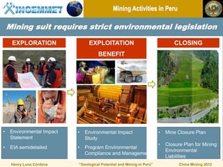 Mining Activities in Peru

    Mining suit requires strict environmental legislation

     EXPLORATION                EXPLOITATION                                  CLOSING
                                     BENEFIT




•   Environmental Impact   •   Environmental Impact                    •   Mine Closure Plan
    Statement                  Study
                                                                       •   Closure Plan for Mining
•    EIA semidetailed      •   Program Environmental
                                                                           Environmental
                               Compliance and Management
                                                                           Liabilities
     Henry Luna Córdova    “Geological Potential and Mining in Perú”             China Mining 2012
 
