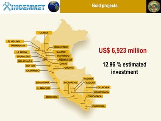 Gold projects




                                                    US$ 6,923 million
                                                       12.96 % estimated
                                                          investment




Henry Luna Córdova   “Geological Potential and Mining in Perú”   China Mining 2012
 