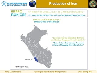 Production of Iron




Henry Luna Córdova   “Geological Potential and Mining in Perú”   China Mining 2012
 