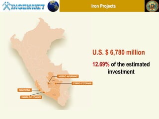 Iron Projects




                                                 U.S. $ 6,780 million
                                                 12.69% of the estimated
                                                       investment




Henry Luna Córdova   “Geological Potential and Mining in Perú”   China Mining 2012
 