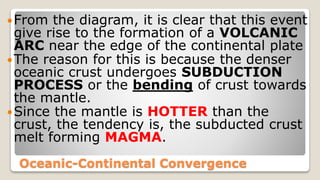 Oceanic-Continental Convergence
From the diagram, it is clear that this event
give rise to the formation of a VOLCANIC
ARC near the edge of the continental plate
The reason for this is because the denser
oceanic crust undergoes SUBDUCTION
PROCESS or the bending of crust towards
the mantle.
Since the mantle is HOTTER than the
crust, the tendency is, the subducted crust
melt forming MAGMA.
 