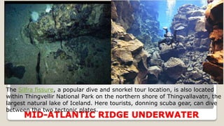 MID-ATLANTIC RIDGE UNDERWATER
The Silfra fissure, a popular dive and snorkel tour location, is also located
within Thingvellir National Park on the northern shore of Thingvallavatn, the
largest natural lake of Iceland. Here tourists, donning scuba gear, can dive
between the two tectonic plates.
 