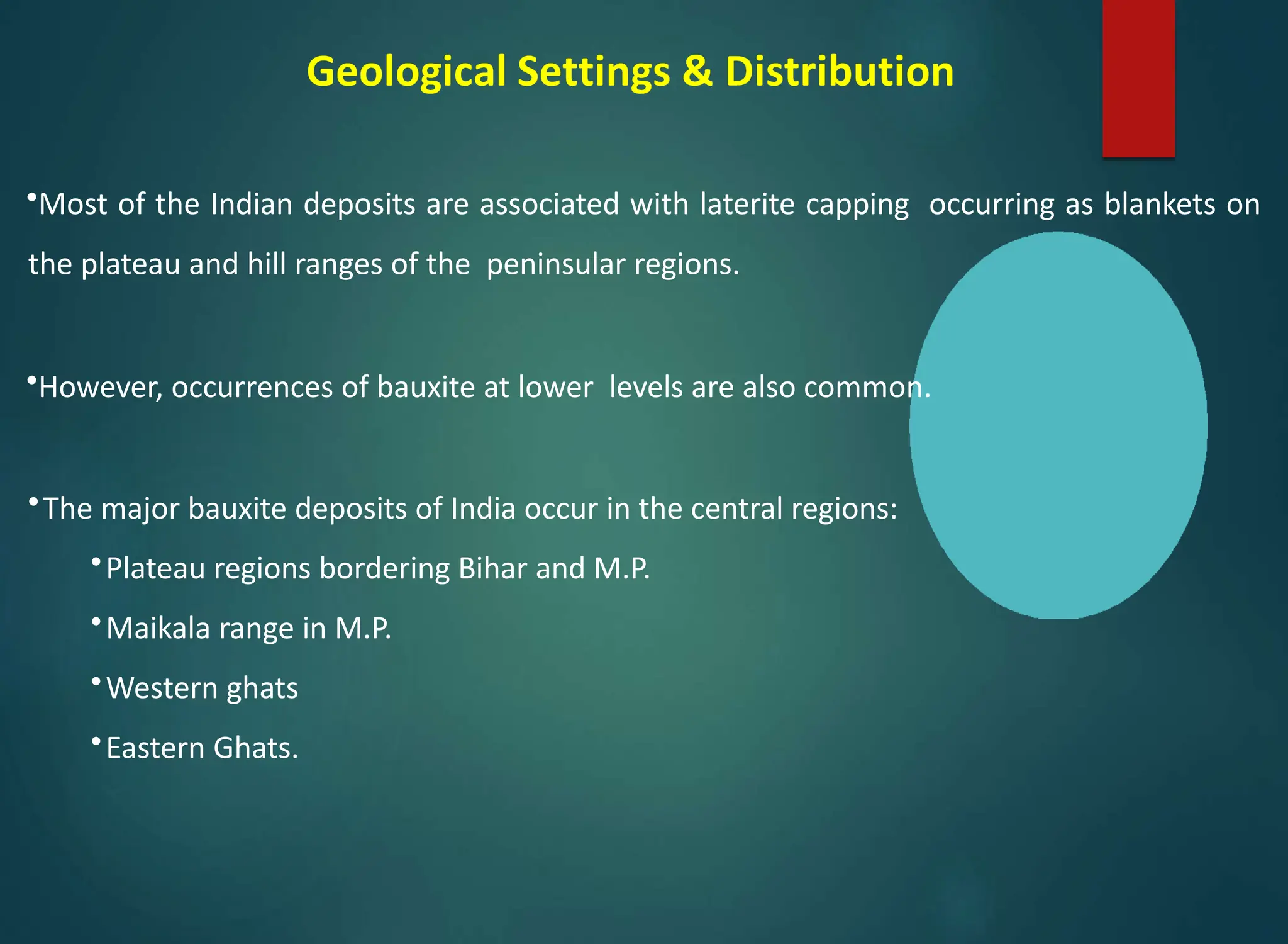 •Most of the Indian deposits are associated with laterite capping occurring as blankets on
the plateau and hill ranges of the peninsular regions.
•However, occurrences of bauxite at lower levels are also common.
•The major bauxite deposits of India occur in the central regions:
•Plateau regions bordering Bihar and M.P.
•Maikala range in M.P.
•Western ghats
•Eastern Ghats.
 