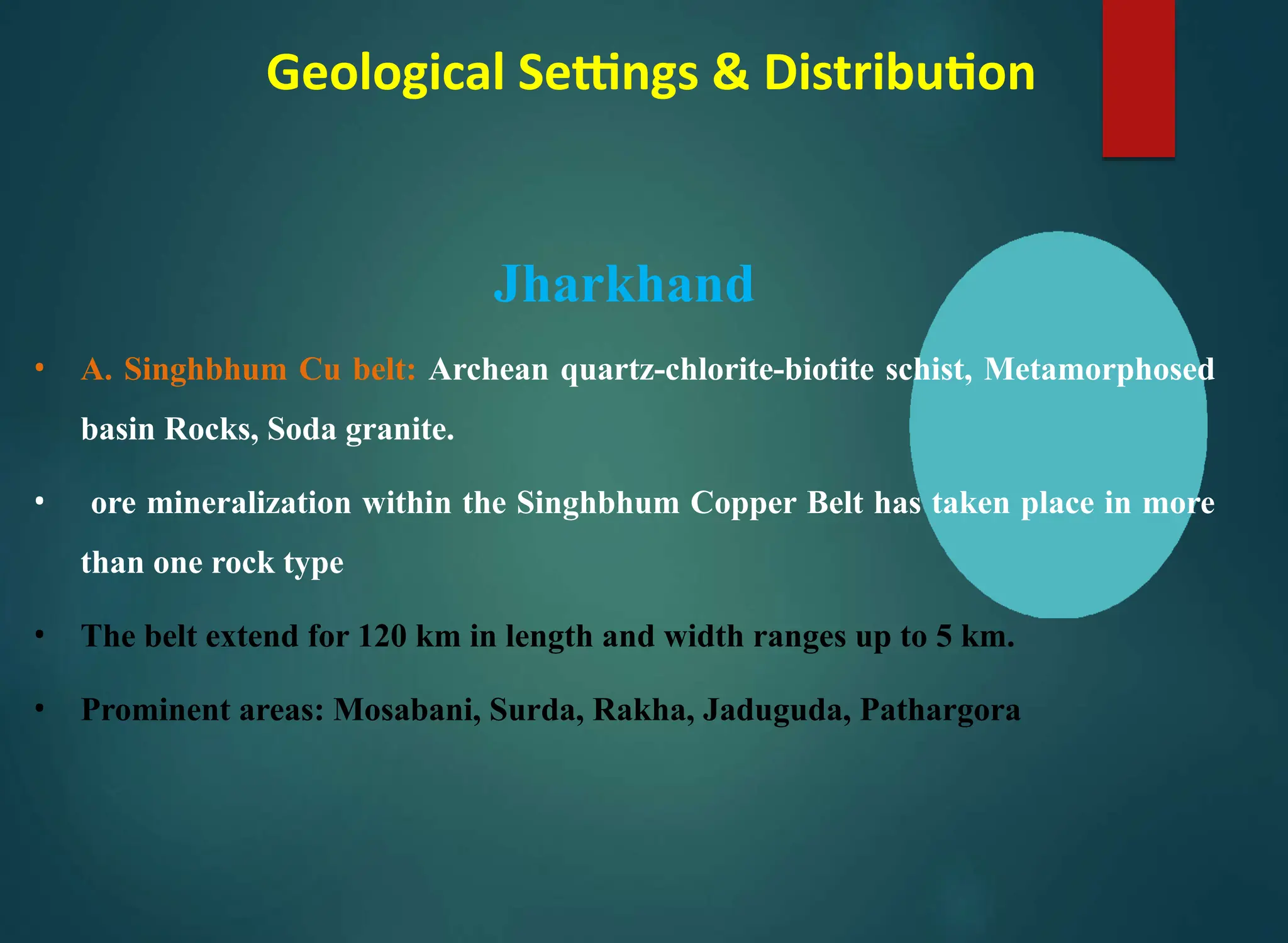 Geological Settings & Distribution
Jharkhand
• A. Singhbhum Cu belt: Archean quartz-chlorite-biotite schist, Metamorphosed
basin Rocks, Soda granite.
• ore mineralization within the Singhbhum Copper Belt has taken place in more
than one rock type
• The belt extend for 120 km in length and width ranges up to 5 km.
• Prominent areas: Mosabani, Surda, Rakha, Jaduguda, Pathargora
 