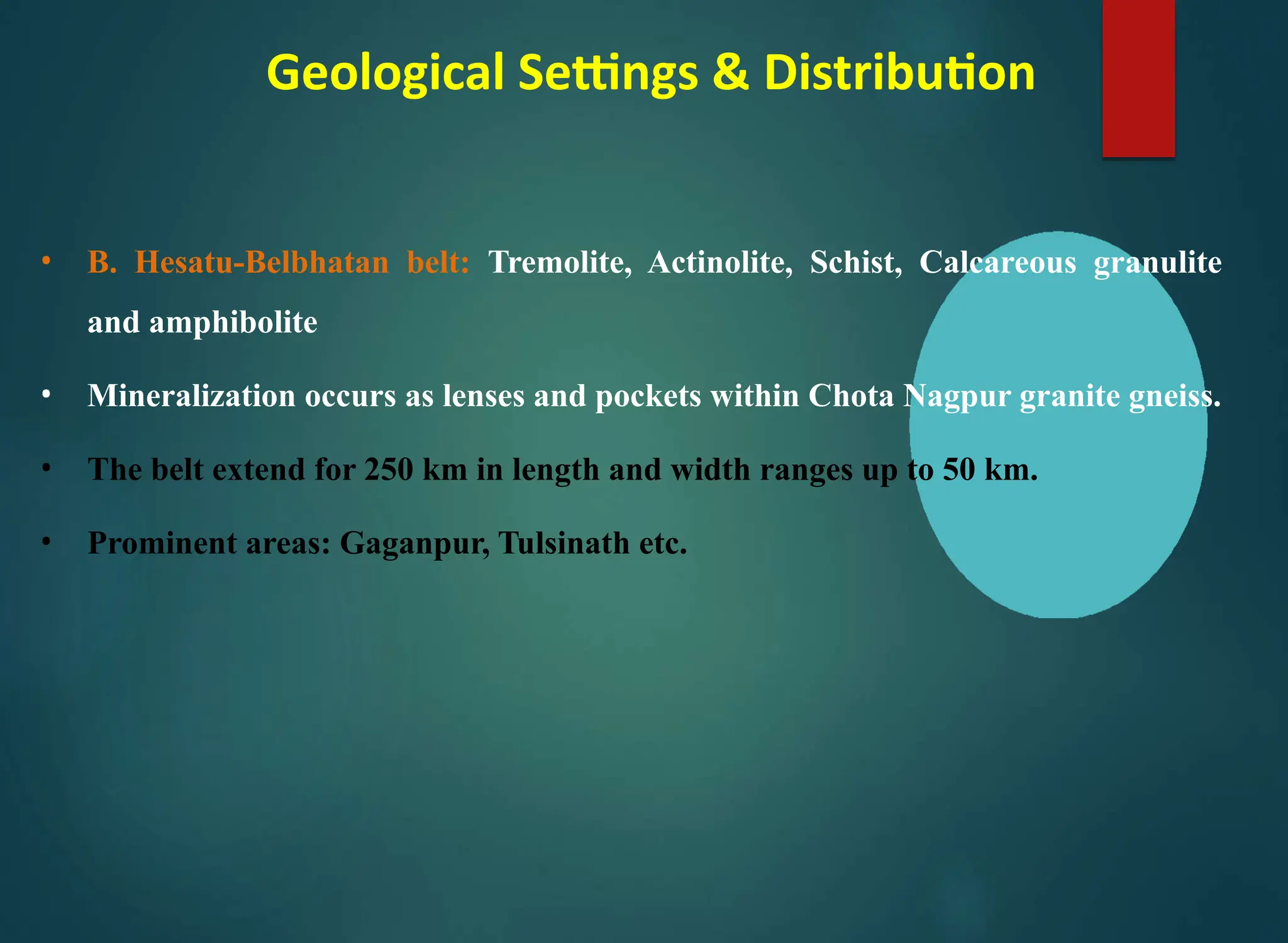 Geological Settings & Distribution
• B. Hesatu-Belbhatan belt: Tremolite, Actinolite, Schist, Calcareous granulite
and amphibolite
• Mineralization occurs as lenses and pockets within Chota Nagpur granite gneiss.
• The belt extend for 250 km in length and width ranges up to 50 km.
• Prominent areas: Gaganpur, Tulsinath etc.
 