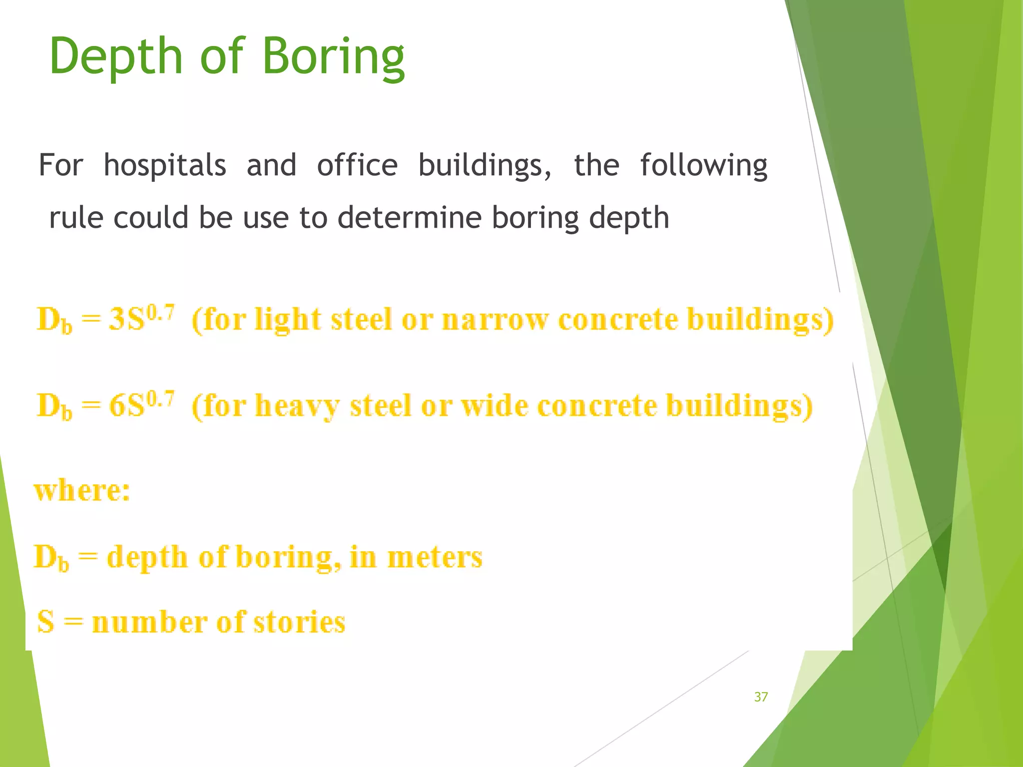 Depth of Boring
For hospitals and office buildings, the following
rule could be use to determine boring depth
37
 