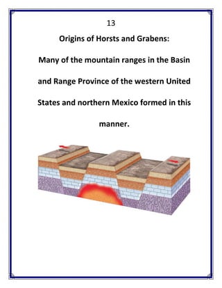 13 
Origins of Horsts and Grabens: Many of the mountain ranges in the Basin and Range Province of the western United States and northern Mexico formed in this manner. 
 