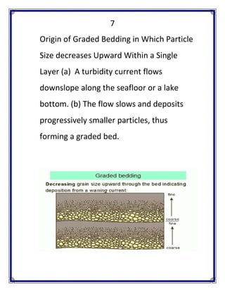 7 
Origin of Graded Bedding in Which Particle Size decreases Upward Within a Single Layer (a) A turbidity current flows downslope along the seafloor or a lake bottom. (b) The flow slows and deposits progressively smaller particles, thus forming a graded bed.  