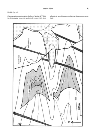 Igneous Rocks 91
PROBLEM 6.3
Construct a cross-section along the line of section X-Y. List,
in chronological order, the geological events which have
affected the area. Comment on the type of movement on the
fault.
 