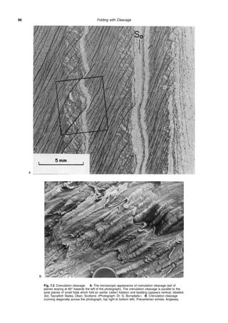 Folding with Cleavage
96
Fig. 7.2 Crenulation cleavage. A: The microscopic appearance of crenulation cleavage (set of
planes sloping at 60° towards the left of the photograph). The crenulation cleavage is parallel to the
axial planes of small folds which fold an earlier (older) foliation and bedding (appears vertical, labelled
So), Tayvallich Slates, Oban, Scotland. (Photograph: Dr. G. Borradaile.) B: Crenulation cleavage
(running diagonally across the photograph, top right to bottom left). Precambrian schists, Anglesey.
A
B
 