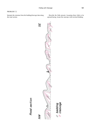 Folding with Cleavage 101
PROBLEM 7.2
Interpret the structure from the bedding/cleavage data along
the road section.
Describe the folds present. Assuming these folds to be
upward-facing, locate the outcrops with inverted bedding.
 