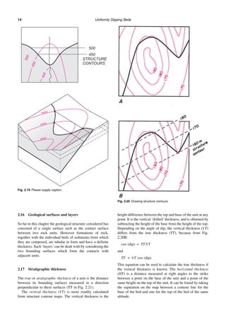 Uniformly Dipping Beds
14
2.16 Geological surfaces and layers
So far in this chapter the geological structure considered has
consisted of a single surface such as the contact surface
between two rock units. However formations of rock,
together with the individual beds of sediments from which
they are composed, are tabular in form and have a definite
thickness. Such ‘layers’ can be dealt with by considering the
two bounding surfaces which form the contacts with
adjacent units.
2.17 Stratigraphic thickness
The true or stratigraphic thickness of a unit is the distance
between its bounding surfaces measured in a direction
perpendicular to these surfaces (TT in Fig. 2.21).
The vertical thickness (VT) is more readily calculated
from structure contour maps. The vertical thickness is the
height difference between the top and base of the unit at any
point. It is the vertical ‘drilled’ thickness, and is obtained by
subtracting the height of the base from the height of the top.
Depending on the angle of dip, the vertical thickness (VT)
differs from the true thickness (TT), because from Fig.
2.20B:
cos (dip) = TT/VT
and
TT = VT cos (dip).
This equation can be used to calculate the true thickness if
the vertical thickness is known. The horizontal thickness
(HT) is a distance measured at right angles to the strike
between a point on the base of the unit and a point of the
same height on the top of the unit. It can be found by taking
the separation on the map between a contour line for the
base of the bed and one for the top of the bed of the same
altitude.
Fig. 2.19 Please supply caption.
Fig. 2.20 Drawing structure contours.
 