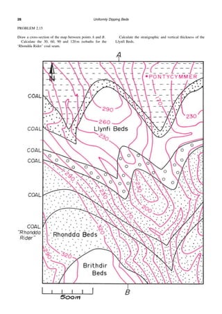 Uniformly Dipping Beds
28
PROBLEM 2.15
Draw a cross-section of the map between points A and B.
Calculate the 30, 60, 90 and 120 m isobaths for the
‘Rhondda Rider’ coal seam.
Calculate the stratigraphic and vertical thickness of the
Llynfi Beds.
 