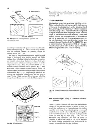 Folding
36
consisting of parallel, evenly spaced contour lines. Since the
strike and angle of dip of a surface usually vary around a
fold, the structure contours are generally curved and
variably spaced (Fig. 3.20).
The shape of a set of structure contour lines depicts the
shape of horizontal serial sections through the folded
surface. Since cylindrical folds give identical cross-sections
on parallel sections (see Section 3.1), these folds give
structure contour patterns consisting of contours of similar
shape and size (Fig. 3.20A). Non-cylindrical folds give rise
to more complex structure contour patterns (Fig. 3.20B).
Concentric circular contours indicate domes or basins. The
various types of periclinal folds have characteristic contour
arrangements (Fig. 3.21A). Lines can be drawn on any
contour map marking the ‘valley bottoms’ and ‘the brows of
ridges’ in the folded structure. These lines are called the
trough lines and crest lines respectively. The recognition of
these antiformal crests and synformal troughs forms a useful
preliminary step in the interpretation of a structure contour
map (Fig. 3.21B).
CLASSROOM EXERCISE
Bend a piece of card into an angular fold (Fig. 3.22A).
Tilt the card so that the fold plunges. With chalk, sketch
in the run of structure contours on the folded card and
draw, on a map, how these contours will appear as seen
from above (Fig. 3.20A). Repeat this for other angles of
plunge to investigate how the plunge affects both the
shape of the contours and their spacing. Tilt the fold
enough to make one limb overturned, i.e. to make the
fold into an overturned fold. Draw structure contours for
the fold. Note that the contour lines for the one limb
cross with those of the other limb (Fig. 3.22C). This type
of pattern signifies that overturned folds are ‘double-
valued’ surfaces; that is the surface is present at two
different heights at the same point on the map.
3.10 Determining the plunge of a fold from structure
contours
Figure 3.23 shows a plunging fold and a map of its structure
contours. If the structure contours are given, the crest (or
trough) line can be drawn in. For a cylindrical fold this line
is parallel to the hinge line, so that its plunge is measured
straight from the map. It is the trend of the crest/trough line
in the ‘downhill’ direction. The direction of plunge can be
shown on maps by an arrow (Fig. 3.23B; also see
‘Geological map symbols’). The angle of plunge is
calculated by solving the triangle in Fig. 3.23A. Note that
the contour spacing mentioned is the separation of the
contours measured in the direction of plunge.
Fig. 3.20 Structure contour patterns of cylindrical and
non-cylindrical folds.
Fig. 3.21 A folded surface.
Fig. 3.22 Visualizing the structure contour patterns of plunging
folds.
 