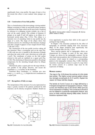 Folding
40
significantly from a true profile. On maps of more or less
flat terrain this effect is most marked when plunges are
low.
3.16 Construction of true fold profiles
This is a formalization of the down-plunge viewing method.
Oblique sectioning of folds on non-profile planes produces
a distortion of the shape which can be most easily visualized
by reference to a plunging circular cylinder, say a bar of
rock (of the candy variety!) The cylinder of diameter D
plunges at an angle ⍜ and will appear as an ellipse on a
horizontal section plane (Fig. 3.31A). This ellipse is a
distorted view of something which in true profile has the
shape of a circle. The shape of the ellipse shows that
distortion consists of a stretching in the direction of plunge
such that a length D appears to have length D/sin ⍜ (Figs.
3.31B and 3.31C).
The construction of the true profile involves taking off
this distortion. Place a rectangular grid on the map (Fig.
3.31B) with one axis (x) parallel to the direction of plunge
and where the scales in the x and y directions are in the ratio
1:sin ⍜. The coordinates of points on the fold outline
referred to this grid are replotted on a square grid (Fig.
3.31D). This shortening of dimensions parallel to the plunge
compensates for the stretching brought about by oblique
sectioning.
Alternatively, place a square grid over the map with the x
axis parallel to the plunge direction, and record the
coordinates (x, y) of points on the boundary.
Transform these coordinates, i.e. calculate new ones
using xnew = x sin ⍜, ynew = y. Replot the new coordinates on
a square grid.
3.17 Recognition of folds on maps
The interpretation of the structure of an area represented on
maps is greatly assisted if the patterns produced by fold
structures can be directly recognized. Students should use
every opportunity to practise their skills in this aspect of
geological map reading.
In Chapter 2 the sinuosities produced by the effect of
topography on uniformly dipping beds were discussed.
Many of the shapes produced look superficially like
sections through folds (see Fig. 3.32A).
These outcrop patterns due to topographic effects are
characterized by V-shapes in parts of the map where
V-shapes are shown by the topographic contours. On the
other hand outcrop patterns due to folding possess definite
curvatures which cannot be related to a corresponding
pattern in the topographic contours (Fig. 3.32B). Fold-like
sinuosities of geological contacts in a part of a map where
the terrain consists of a uniform slope must be the
expression of folding.
WORKED EXAMPLE
The map in Fig. 3.33 shows the outcrop of a thin shale
bed (white). The highly curved outcrop pattern shows
four strongly curved parts (A, B, C and D). Explain the
reason for these fold-like shapes.
The bends at A and C occur on a ridge defined by a
V-shaped arrangement of topographic contours. These
curves are therefore due to the terrain effect and are
not an expression of folding. The curvatures at B and D
are not related to a particular topographic feature, and
occur on fairly uniformly sloping valley sides. B and D
therefore represent folds.
Fig. 3.31 Construction of a true fold profile.
Fig. 3.32 A: Outcrop pattern related to topography. B: Outcrop
pattern related to folding.
Fig. 3.33 Structural interpretation of outcrop pattern.
 
