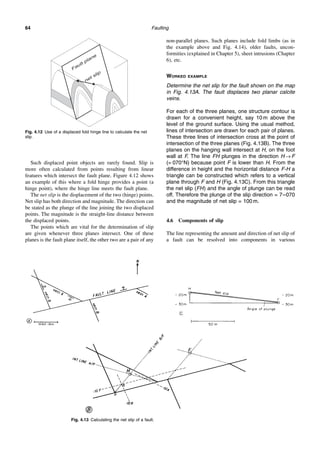 Faulting
64
Such displaced point objects are rarely found. Slip is
more often calculated from points resulting from linear
features which intersect the fault plane. Figure 4.12 shows
an example of this where a fold hinge provides a point (a
hinge point), where the hinge line meets the fault plane.
The net slip is the displacement of the two (hinge) points.
Net slip has both direction and magnitude. The direction can
be stated as the plunge of the line joining the two displaced
points. The magnitude is the straight-line distance between
the displaced points.
The points which are vital for the determination of slip
are given whenever three planes intersect. One of these
planes is the fault plane itself, the other two are a pair of any
non-parallel planes. Such planes include fold limbs (as in
the example above and Fig. 4.14), older faults, uncon-
formities (explained in Chapter 5), sheet intrusions (Chapter
6), etc.
WORKED EXAMPLE
Determine the net slip for the fault shown on the map
in Fig. 4.13A. The fault displaces two planar calcite
veins.
For each of the three planes, one structure contour is
drawn for a convenient height, say 10 m above the
level of the ground surface. Using the usual method,
lines of intersection are drawn for each pair of planes.
These three lines of intersection cross at the point of
intersection of the three planes (Fig. 4.13B). The three
planes on the hanging wall intersect at H, on the foot
wall at F. The line FH plunges in the direction H → F
(= 070°N) because point F is lower than H. From the
difference in height and the horizontal distance F-H a
triangle can be constructed which refers to a vertical
plane through F and H (Fig. 4.13C). From this triangle
the net slip (FH) and the angle of plunge can be read
off. Therefore the plunge of the slip direction = 7–070
and the magnitude of net slip = 100 m.
4.6 Components of slip
The line representing the amount and direction of net slip of
a fault can be resolved into components in various
Fig. 4.12 Use of a displaced fold hinge line to calculate the net
slip.
Fig. 4.13 Calculating the net slip of a fault.
 