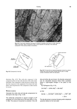 Faulting 65
directions (Fig. 4.15). The strike-slip component is the
component of the net slip in the direction of the strike of the
fault plane. This component is either dextral or sinistral. The
dip-slip component is the component of net slip in the fault
plane’s down dip direction. This component is either normal
or reverse.
WORKED EXAMPLE
Calculate the strike slip and dip-slip components for
the fault in the map in Fig. 4.13A.
The strike-slip component is equal to length of HF
projected on to the strike line of the fault (98 m in Fig.
4.13B). The sense of movement is sinistral. If the net
slip and strike slip are known, the dip-slip component
can be calculated because these three quantities
define a right-angled triangle in the plane of the
fault.
By Pythagoras (Fig. 4.15),
(net slip)2
= (strike slip)2
+ (dip slip)2
so that
dip slip = 冑苳苳苳苳苳苳苳苳苳苳苳苳苳苳
(net slip)2
– (strike slip)2
= 冑苳苳苳苳苳苳
1002
– 982
= 20 m.
The dip-slip sense is reverse (hanging wall is displaced
upwards relative to the foot wall).
Fig. 4.14 A fault which displaces two planes of different orientation (the limbs of a fold). Study the
offset of the limbs. Which component of slip is more important, the dip-slip or the strike-slip
component? (The outcrop surface is horizontal.)
Fig. 4.15 Component of net slip.
Fig. 4.16 To show that an observed separation shown by a planar
marker bed could have been brought about by slip in a large
number of directions within the fault plane.
 