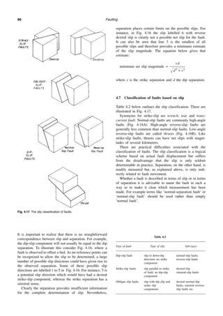 Faulting
66
It is important to realize that there is no straightforward
correspondence between slip and separation. For example,
the dip-slip component will not usually be equal to the dip
separation. To illustrate this consider Fig. 4.16, where a
fault is observed to offset a bed. As no reference points can
be recognized to allow the slip to be determined, a large
number of possible slip directions could have given rise to
the observed separation. Some of these possible slip
directions are labelled 1 to 5 in Fig. 4.16. For instance, 5 is
a potential slip direction which would have had a dextral
strike-slip component, whereas the strike separation has a
sinistral sense.
Clearly the separation provides insufficient information
for the complete determination of slip. Nevertheless,
separation places certain limits on the possible slips. For
instance, in Fig. 4.16 the slip labelled 6 with reverse
dextral slip is clearly not a possible net slip for the fault.
It can also be seen that line 3 is the smallest of all
possible slips and therefore provides a minimum estimate
of the slip magnitude. The equation below gives that
estimate:
minimum set slip magnitude =
s d
冑苳苳苳苳
d2
+ s2
where s is the strike separation and d the dip separation.
4.7 Classification of faults based on slip
Table 4.2 below outlines the slip classification. These are
illustrated in Fig. 4.17.
Synonyms for strike-slip are wrench, tear and trans-
current fault. Normal-slip faults are commonly high-angle
faults (Fig. 4.18A). High-angle reverse-slip faults are
generally less common than normal-slip faults. Low-angle
reverse-slip faults are called thrusts (Fig. 4.18B). Like
strike-slip faults, thrusts can have net slips with magni-
tudes of several kilometres.
There are practical difficulties associated with the
classification of faults. The slip classification is a logical
scheme based on actual fault displacement but suffers
from the disadvantage that the slip is only seldom
determinable in practice. Separation, on the other hand, is
readily measured but, as explained above, is only indi-
rectly related to fault movement.
Whether a fault is described in terms of slip or in terms
of separation it is advisable to name the fault in such a
way as to make it clear which measurement has been
made. For example terms like ‘normal-separation fault’ or
‘normal-slip fault’ should be used rather than simply
‘normal fault’.
Fig. 4.17 The slip classification of faults.
Table 4.2
Type of fault Type of slip Sub-types
Dip-slip fault slip in down-dip
direction; no strike
component
normal-slip faults,
reverse-slip faults
Strike-slip faults slip parallel to strike
of fault; no dip-slip
component
dextral-slip
sinistral-slip faults
Oblique slip faults slip with dip slip and
strike slip
components
dextral normal-slip
faults, sinistral reverse-
slip faults etc.
 