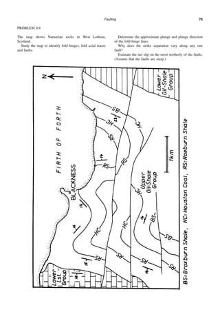 Faulting 75
PROBLEM 4.8
The map shows Namurian rocks in West Lothian,
Scotland.
Study the map to identify fold hinges, fold axial traces
and faults.
Determine the approximate plunge and plunge direction
of the fold hinge lines.
Why does the strike separation vary along any one
fault?
Estimate the net slip on the most northerly of the faults.
(Assume that the faults are steep.)
 