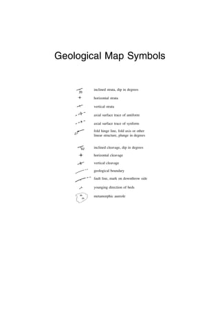 Geological Map Symbols
inclined strata, dip in degrees
horizontal strata
vertical strata
axial surface trace of antiform
axial surface trace of synform
fold hinge line, fold axis or other
linear structure, plunge in degrees
inclined cleavage, dip in degrees
horizontal cleavage
vertical cleavage
geological boundary
fault line, mark on downthrow side
younging direction of beds
metamorphic aureole
 