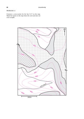 Unconformity
82
PROBLEM 5.1
Construct a cross-section for the line X–Y on the map.
Shade the regions on the map where the coal seam does not
exist at depth..
 
