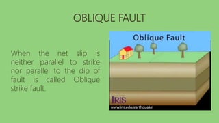 OBLIQUE FAULT
When the net slip is
neither parallel to strike
nor parallel to the dip of
fault is called Oblique
strike fault.
 