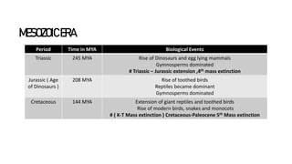 MESOZOICERA
Period Time in MYA Biological Events
Triassic 245 MYA Rise of Dinosaurs and egg lying mammals
Gymnosperms dominated
# Triassic – Jurassic extension ,4th mass extinction
Jurassic ( Age
of Dinosaurs )
208 MYA Rise of toothed birds
Reptiles became dominant
Gymnosperms dominated
Cretaceous 144 MYA Extension of giant reptiles and toothed birds
Rise of modern birds, snakes and monocots
# ( K-T Mass extinction ) Cretaceous-Paleocene 5th Mass extinction
SlideSkimmers
 
