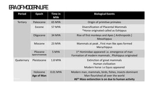 Period Epoch Time in
MYA
Biological Events
Tertiary Paleocene 65 MYA Origin of primitive primates
Eocene 57 MYA Diversification of Placental Mammals
*Horse originated called as Eohippus
Oligocene 34 MYA Rise of first monkeys and Apes [ Anthropoids ]
Mesohippus
Miocene 23 MYA Mammals at peak , First man like apes formed
Merychippus
Pliocene
Epoch of mammals
5 MYA 1st Hominidae appeared i.e. emergence of man
Formation of modern mammals , Pliohippus originated
Quaternary Pleistocene 1.8 MYA Extinction of great mammals
Human civilization
Modern horse i.e Equss appeared
Holocene
Age of Man
0.01 MYA Modern man, mammals, birds, fishes, insects dominant
Man flourished all over the world
#6th Mass extionction is on due to human activity
ERAOFMODERNLIFE
SlideSkimmers
 