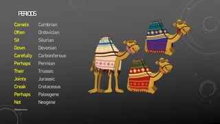 PERIODS
Camels
Often
Sit
Down
Carefully
Perhaps
Their
Joints
Creak
Perhaps
Not
Cambrian
Ordovician
Silurian
Devonian
Carboniferous
Permian
Triassic
Jurassic
Cretaceous
Paleogene
Neogene
SlideSkimmers
 